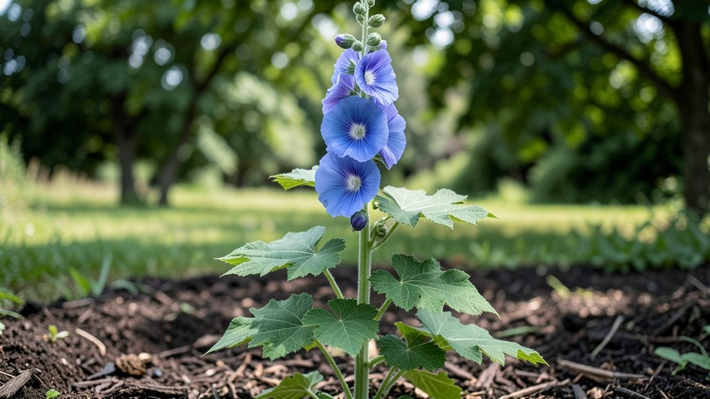Blue Hollyhock Flowers: Pacific Northwest’s Bold Vertical Pollinator Magnet